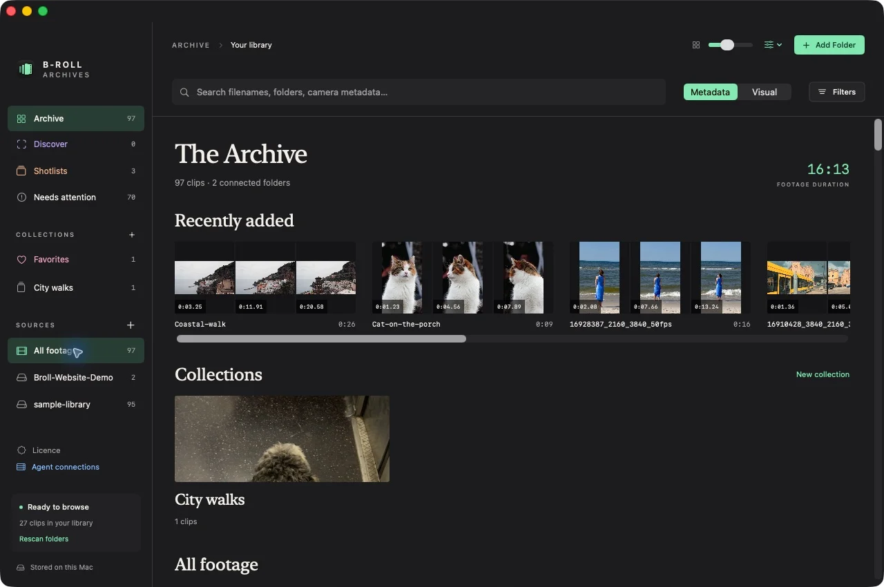 The real B-Roll Archives app showing prepared footage in a visual Archive on Mac.