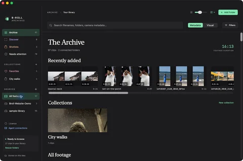 B-Roll Archives showing prepared video files as a visual library on Mac.