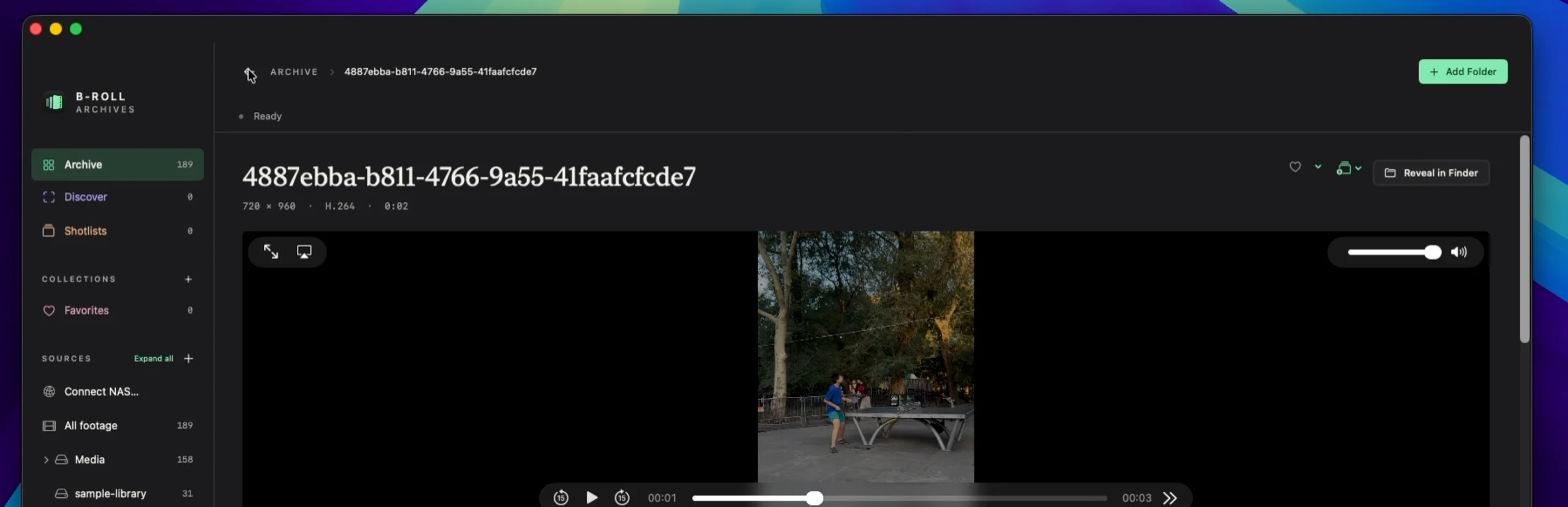 A clip open in B-Roll Archives with 720 × 960, H.264 and 0:02 listed under its name, above playback of a table tennis game in a park.