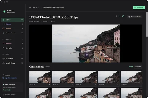 Twelve timestamped samples from one coastal video in B-Roll Archives.