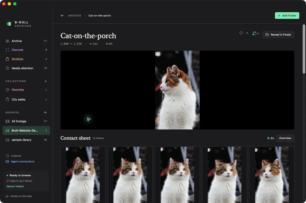 The Cat-on-the-porch clip open in B-Roll Archives, playing from 0:04 with its 1080 × 1920 H.264 details and twelve-frame contact sheet below.