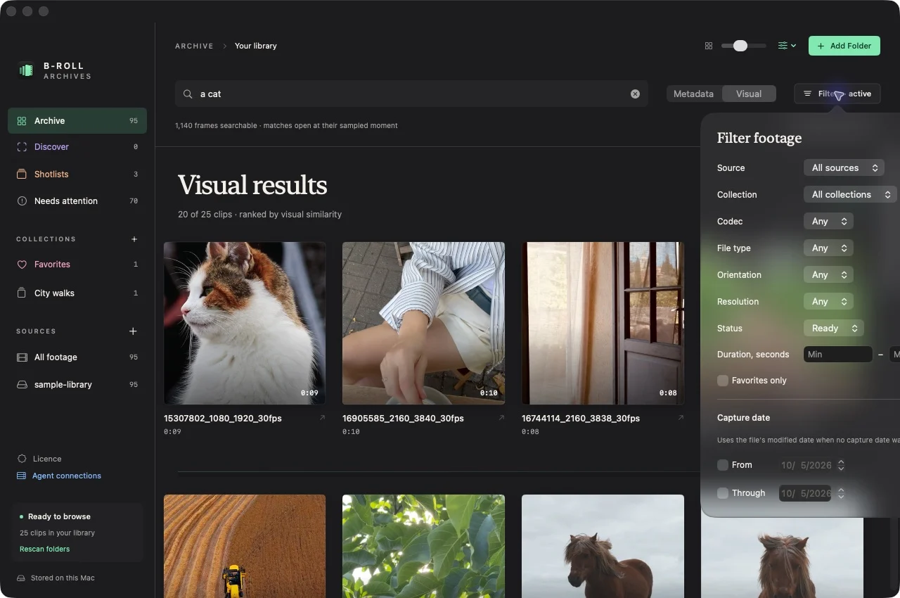 The real Filters popover with source, codec, file type, orientation, resolution, status, duration, and capture-date controls.