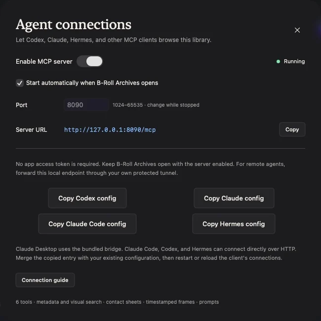 Agent connections settings showing the local MCP server and copyable configurations for Codex, Claude, and Hermes.