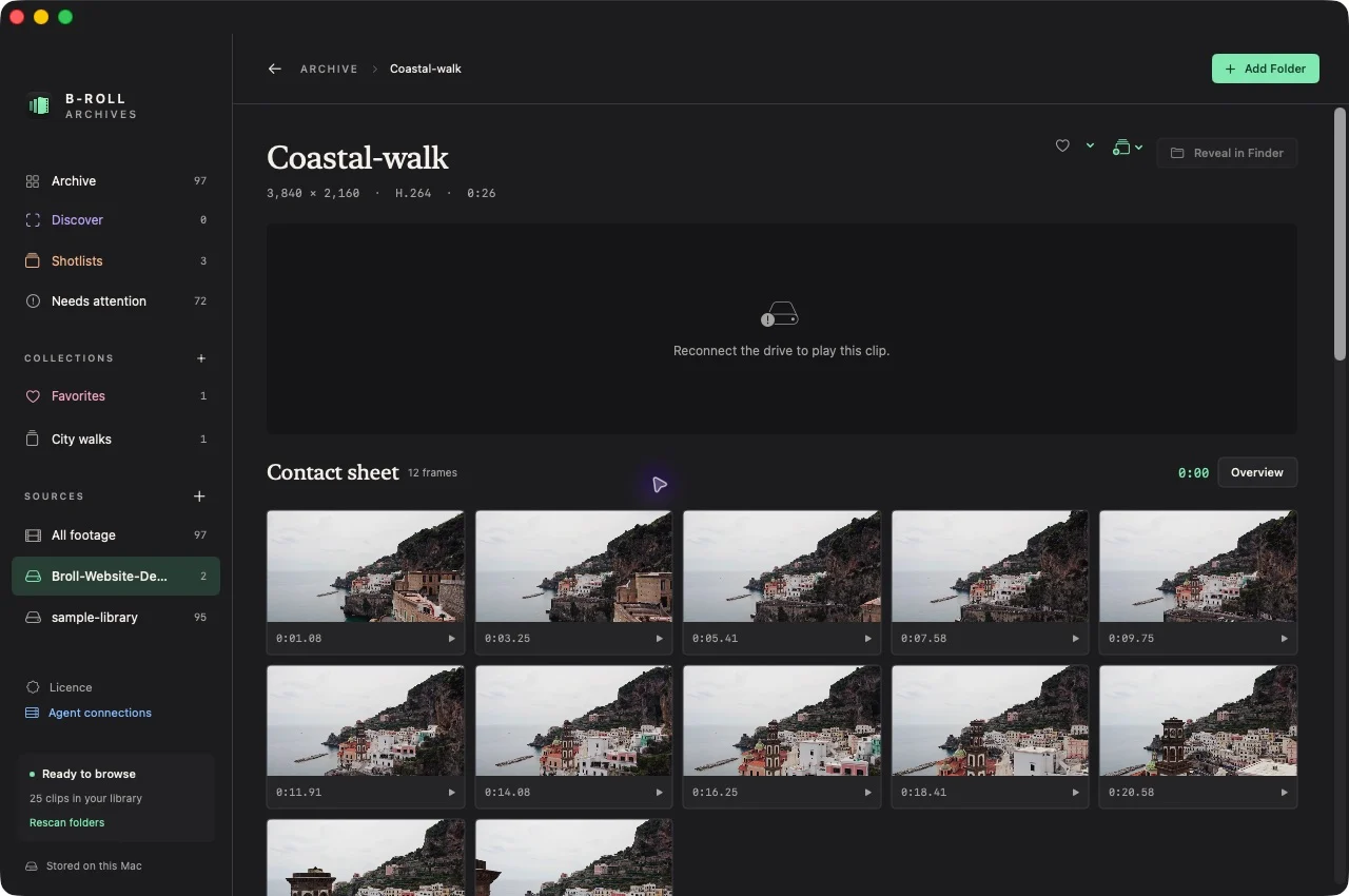 A prepared demonstration clip showing cached contact-sheet frames while its copied source folder is unavailable.
