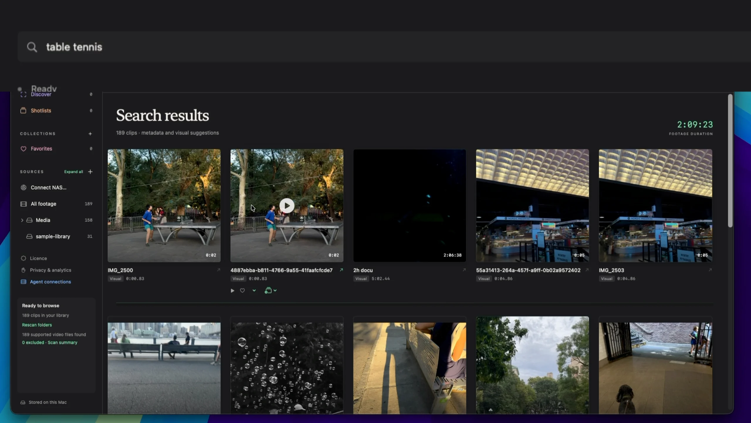 Search results for table tennis in a 189-clip library, with two table tennis clips ranked first and a dark documentary frame third.